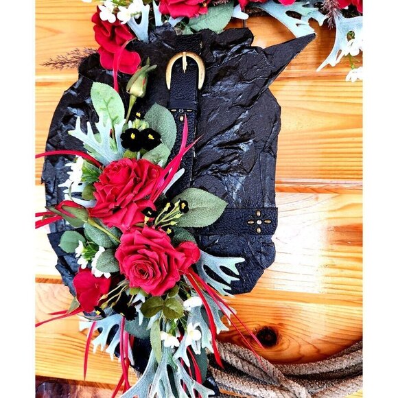 Artificial Floral Wreath With Red Roses & Greenery On Black Textured Base & Rope - Picture 14 of 14